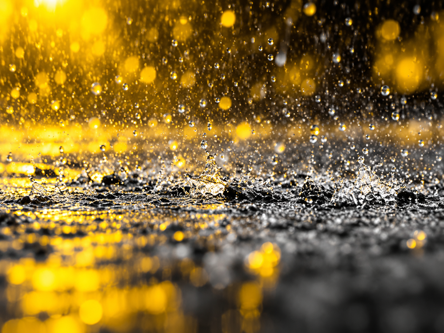 Heavy rain pounds the ground, sending droplets and spray into the air as wet conditions intensify.