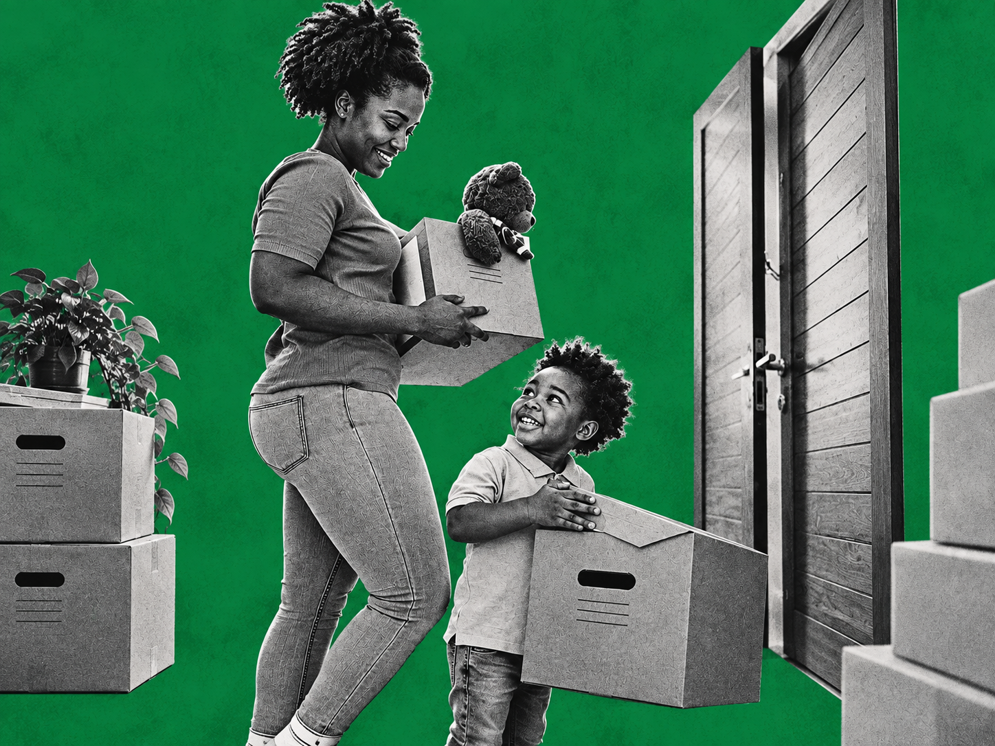 A mother and child carry moving boxes into their new home, capturing the optimism of a fresh start and the importance of creating housing that families can genuinely afford, access and build a future in.
