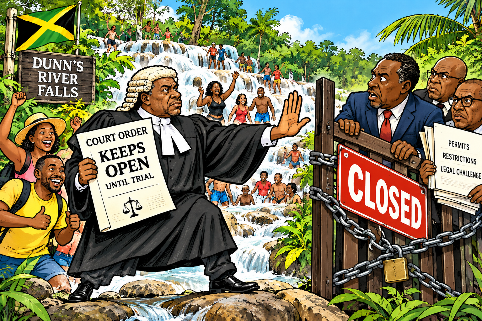 A Jamaican judge symbolically intervenes to keep a river accessible as delighted residents celebrate and officials stand behind a locked gate. The cartoon reflects the interim injunction granted on 1 October 2026, protecting public access to Little Dunn’s River in Ocho Rios while a longstanding legal dispute involving the Urban Development Corporation continues. Although the illustration uses the much larger Dunn’s River Falls for dramatic effect, the actual case concerns the smaller Little Dunn’s River attraction. The exaggerated scene highlights competing questions of public access, land ownership, safety and management, with the courts yet to deliver a final judgment.