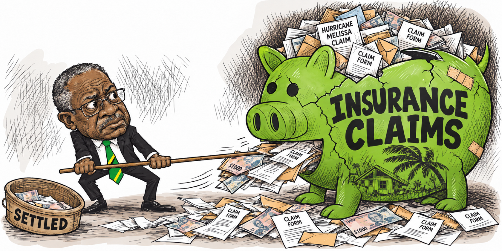 A Jamaica Homes News illustration depicting the continuing backlog of Hurricane Melissa insurance claims. An older Jamaican policyholder strains to pull claim forms and payouts from an overflowing insurance fund, while only a small number reach the “settled” basket. The image reflects concerns over the pace of outstanding property and non motor claim settlements nearly a year after the hurricane. Is this conversation helpful so far?