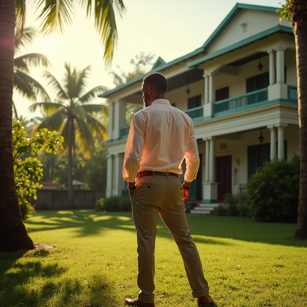 Valuation A sharply dressed agent, clad in a crisp, pastel-hued shirt and tailored pants, stands amidst the lush Jamaican landscape, gazing intently at a stately colonial-style mansion. The warm, golden light of the Caribbean sun casts long shadows across the property's manicured lawn, as the agent meticulously assesses the estate's value. The atmosphere is thick with the scent of blooming hibiscus and the distant thrum of reggae music.