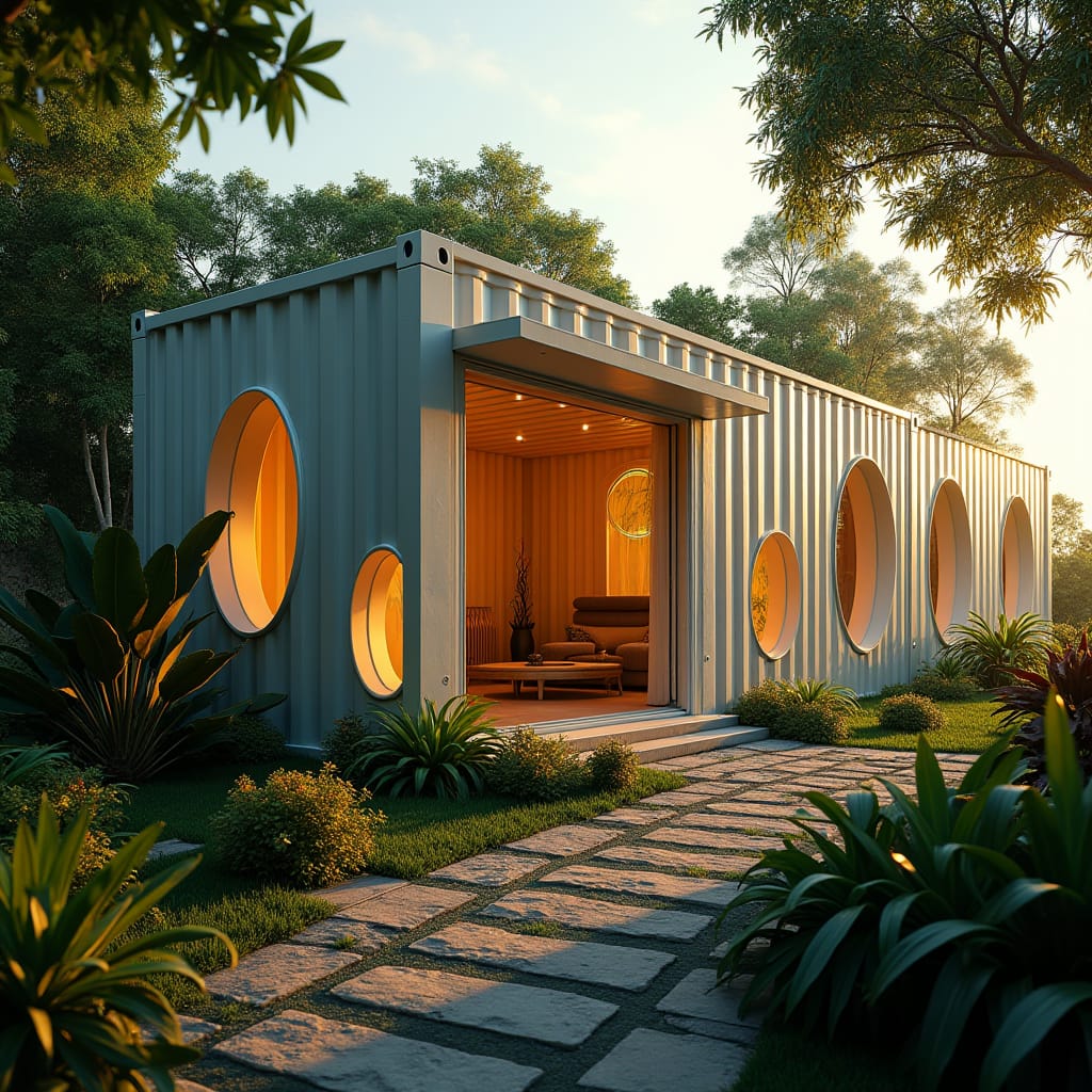 Jamaica Strong: An Architectural Deep-Dive Into Rebuilding an Island in the Age of Storms A sleek, 2 bedroom modern Jamaican container home with a bold, futuristic aesthetic, set amidst a lush, tropical landscape, illuminated by warm, golden light pouring in through numerous large, rounded openings, casting dramatic shadows on the interior walls. The container's metallic surfaces gleam with a subtle sheen, while the surrounding foliage is vibrant and lush, with hints of colorful tropical flowers.