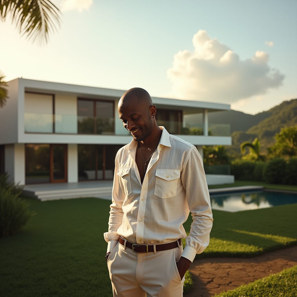 New Property Jamaica's lush hillsides as the backdrop, a sophisticated property investor, dressed in a crisp linen shirt and tailored pants, stands proudly in front of a stunning newly finished home, with a warm smile and an air of satisfaction. The atmosphere is serene, with a few puffy white clouds drifting lazily across the sky. The investor's eyes are cast downward, admiring the sleek modern architecture, as the warm sunlight casts a golden glow on the property's sleek lines and curves.