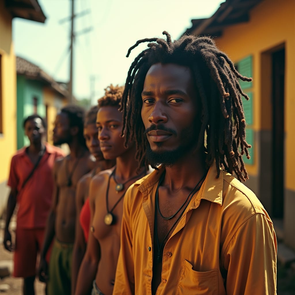 Tallawah Vibrant, cinematic portrait of a community of proud, dreadlocked Rastafarian men and women, set amidst the colorful, ramshackle architecture of 1930s Jamaica, dressed in traditional, earth-toned clothing, with warm, golden lighting casting long shadows, evoking a sense of authenticity and raw emotion