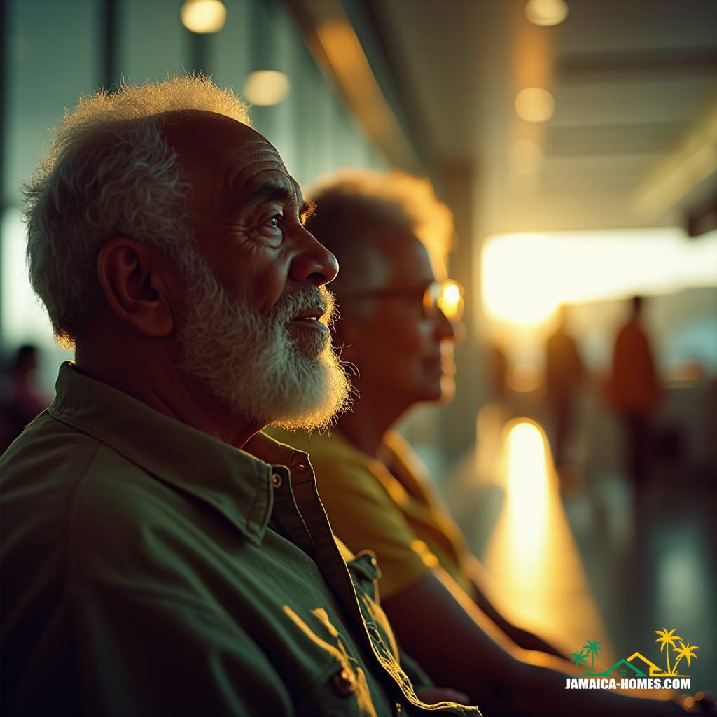 Returning resident Warmly lit, deeply wrinkled faces of a wise, elderly Jamaican couple, set against a blurred, vibrant airport backdrop, as they gaze longingly at the departure gate, returning to their homeland after decades away, cinematic film still,