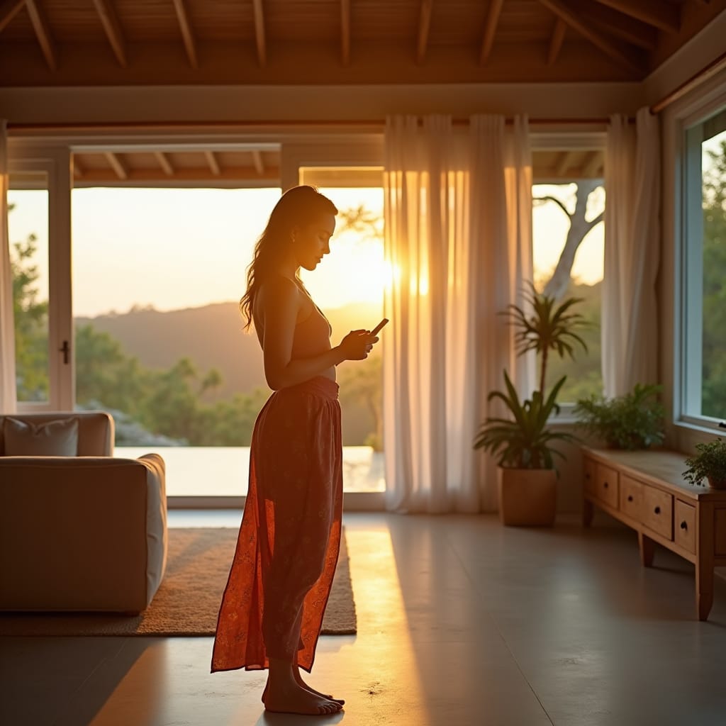 A beautifully dressed woman in a vibrant sundress, standing in the doorway of a stunning modern Jamaican home, looking out at the breathtaking Caribbean landscape, as she prepares to checkout of her vacation rental, surrounded by lush greenery and colorful tropical flowers, with a warm golden light spilling in through the doorway, casting a romantic glow on the scene.