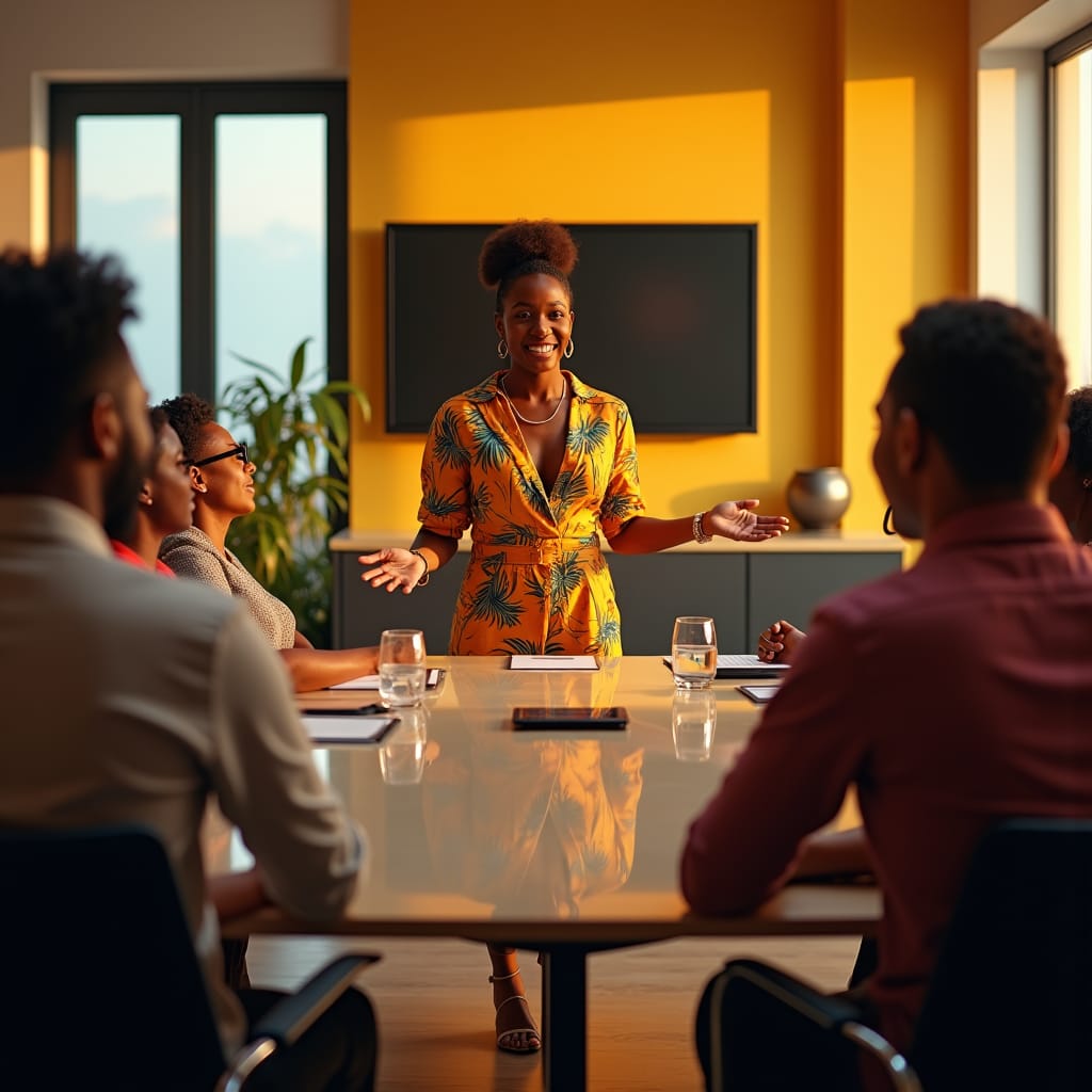 A charismatic marketing manager, dressed in vibrant, Caribbean-inspired attire, stands confidently in front of a sleek, modern conference table, addressing a diverse team of colleagues in a sleek, high-end Jamaican office. The atmosphere is electric, with a sense of anticipation and excitement.