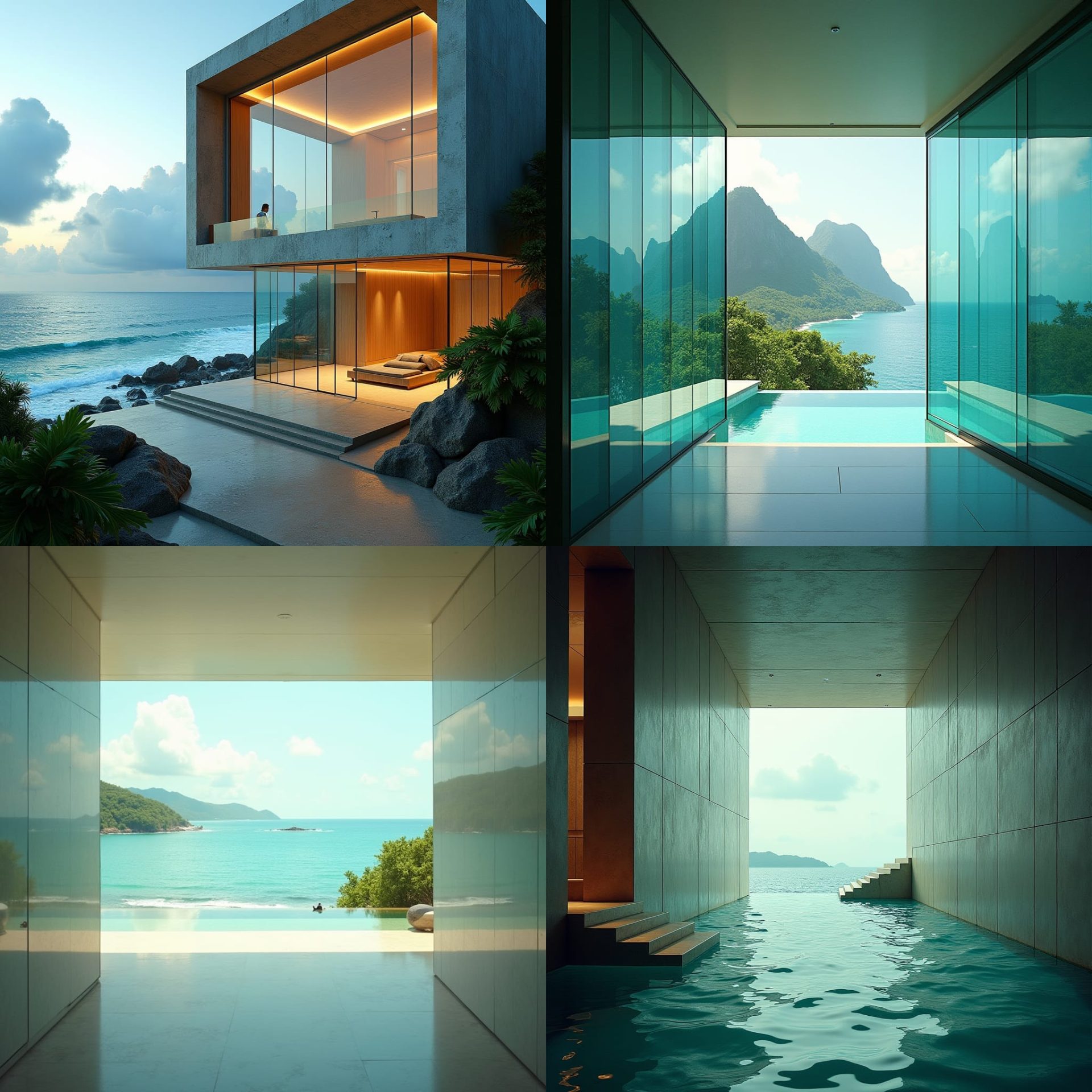 A colossal, modern glass-cubed foyer stands majestically on the windswept coastline of Ocho Rios, Jamaica, as turbulent waves crash against the rugged shore.