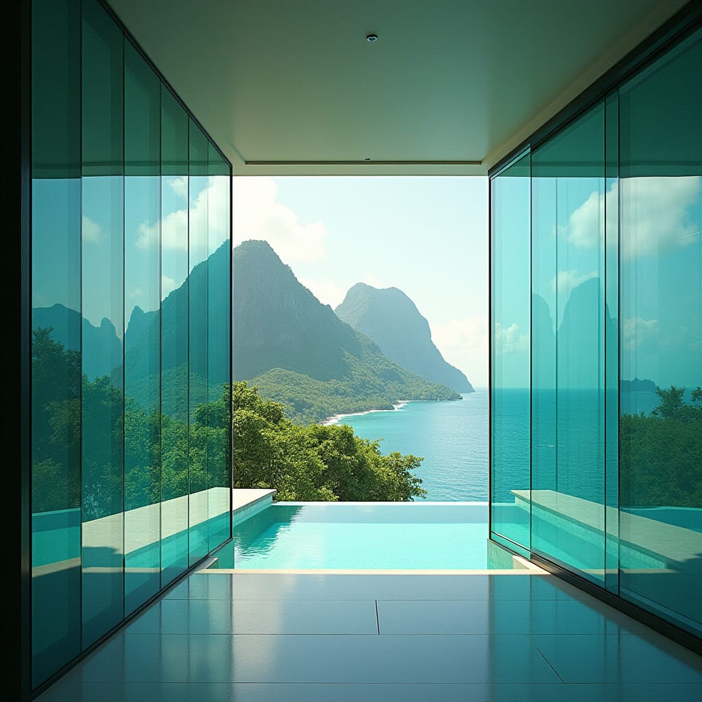 A colossal, modern glass-cubed foyer stands majestically on the windswept coastline of Ocho Rios, Jamaica, as turbulent waves crash against the rugged shore.