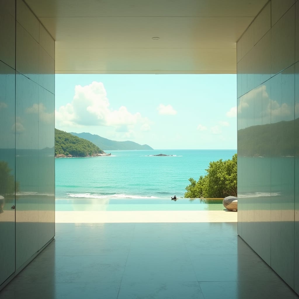 A colossal, modern glass-cubed foyer stands majestically on the windswept coastline of Ocho Rios, Jamaica, as turbulent waves crash against the rugged shore.