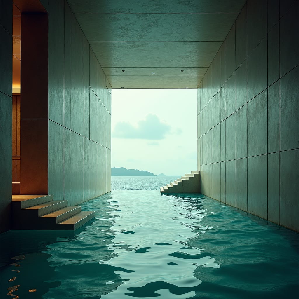 A colossal, modern glass-cubed foyer stands majestically on the windswept coastline of Ocho Rios, Jamaica, as turbulent waves crash against the rugged shore.