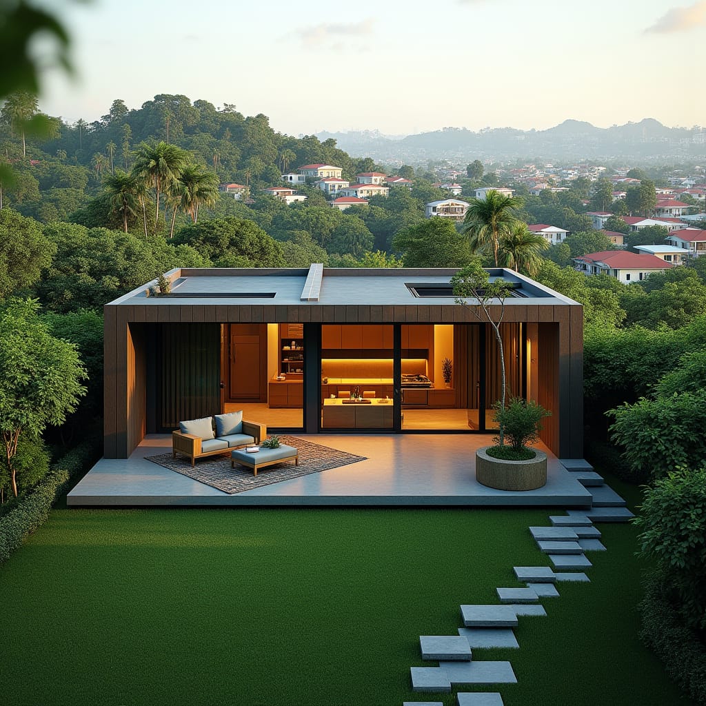 A modern Jamaican prefab home set in the city, showcasing sleek, minimalist architecture with clean lines and efficient design. The home features large windows, allowing natural light to flood the interior, and a stylish exterior with a combination of wood, glass, and concrete. The compact yet functional layout includes an open-plan living area, surrounded by lush, well-manicured greenery despite the urban setting. The home is designed for sustainability and urban convenience, standing out as a contemporary oasis amidst the bustling cityscape. Modern living, eco-friendly design, urban elegance.