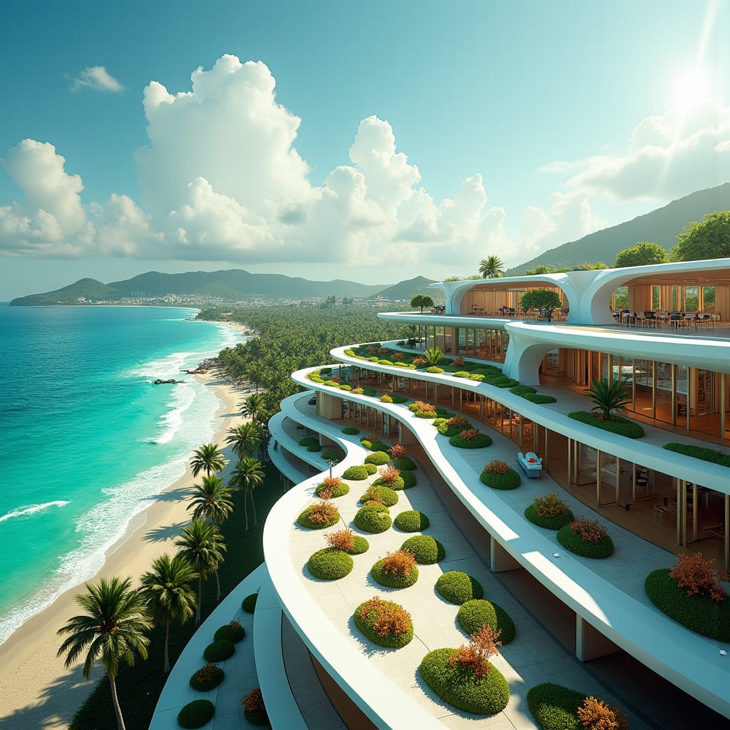 The Future of Real Estate in Jamaica: AI, Big Data, and Cybersecurity Shaping Tomorrow’s Market A modern, futuristic school in Montego Bay, nestled between the vibrant cityscape and the turquoise Caribbean Sea, its sleek, curved glass facades reflecting the ocean's waves. The open, airy architecture blends seamlessly with the rooftop park's lush tropical greenery, where shade trees and vibrant flowers thrive amidst comfortable study nooks. Inside, tech-enhanced classrooms hum with innovation, as students interact with cutting-edge digital tools on flexible, curvilinear workstations. A gleaming, cantilevered gym appears to float above the ocean's surface, its expansive windows framing breathtaking views of the sea. Colors are cool, blue-green, with warm sandy tones and coral highlights. Inspired by the futuristic visions of Syd Mead, the atmospheric, cinematic style of Denis Villeneuve