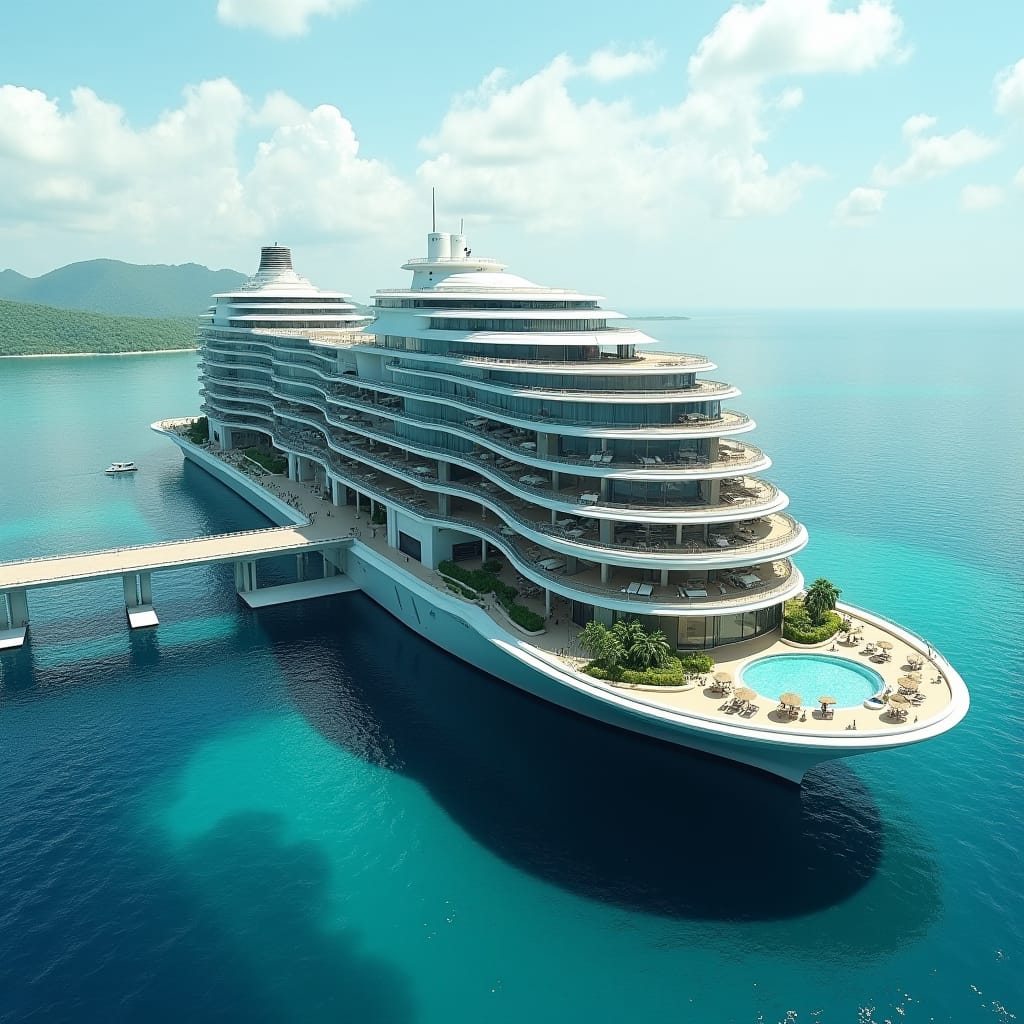 A sleek, floating modern 20-story hotel in the shape of a cruise ship as on jamaicas sea with a bridge across to land, its Protruding windows, multiple swimming suspending above ground and on the ground merging into sea. platforms create a dynamic, futuristic aesthetic, evoking a sense of tropical modernity