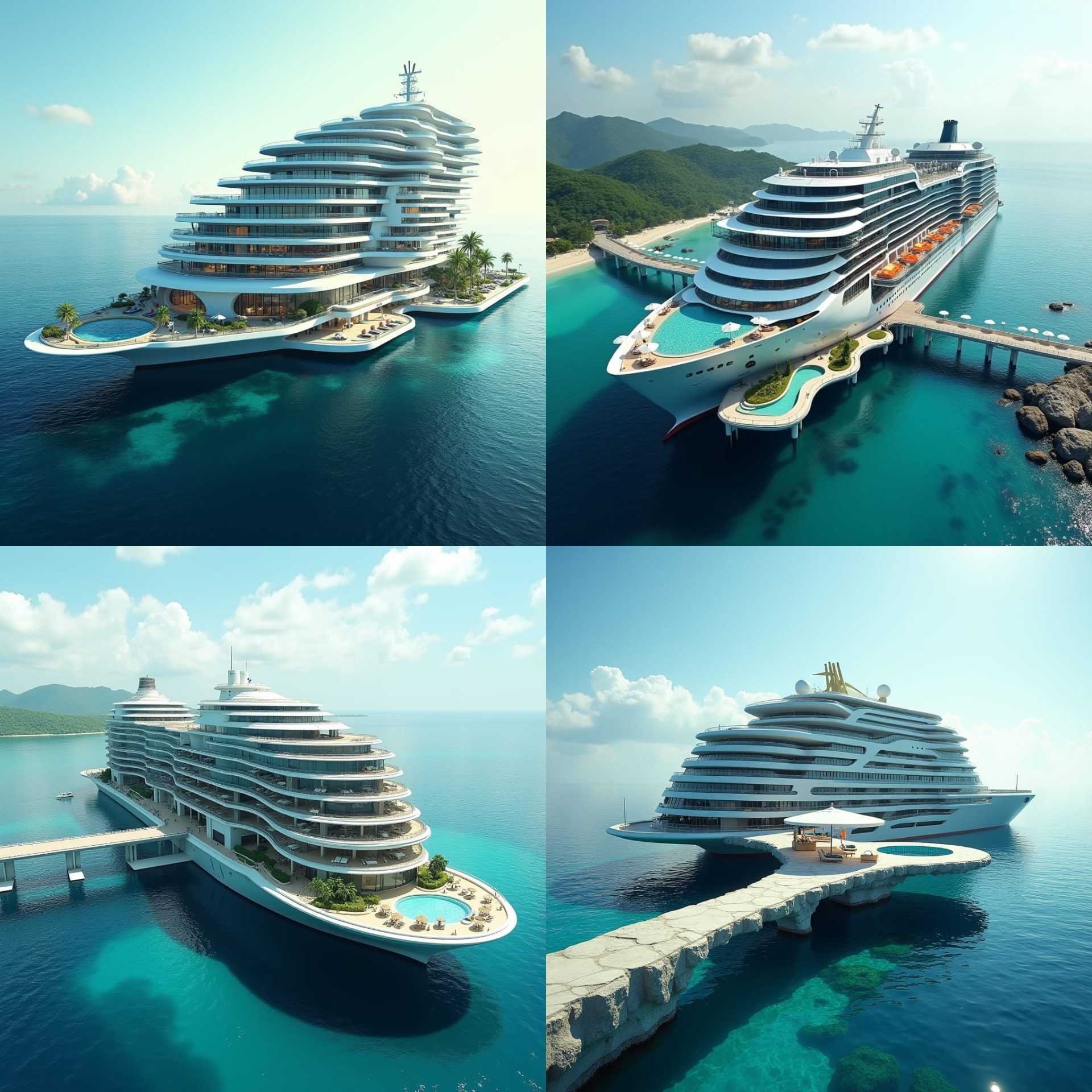 A sleek, floating modern 20-story hotel in the shape of a cruise ship as on jamaicas sea with a bridge across to land, its Protruding windows, multiple swimming suspending above ground and on the ground merging into sea. platforms create a dynamic, futuristic aesthetic, evoking a sense of tropical modernity