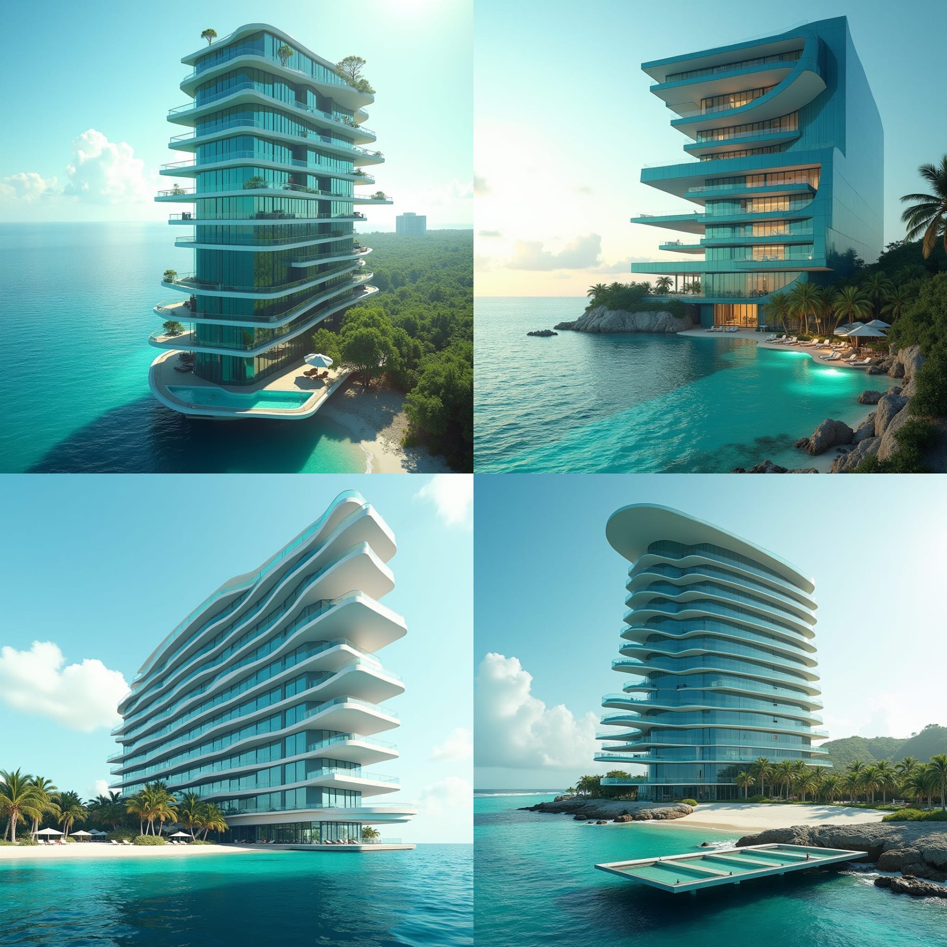  A sleek, modern 20-story glass hotel stands prominently on  Caribbean beechline, its  Protruding windows, multiple swimming suspending above ground and on the ground merging into sea.  platforms create a dynamic, futuristic aesthetic, evoking a sense of tropical modernity.  