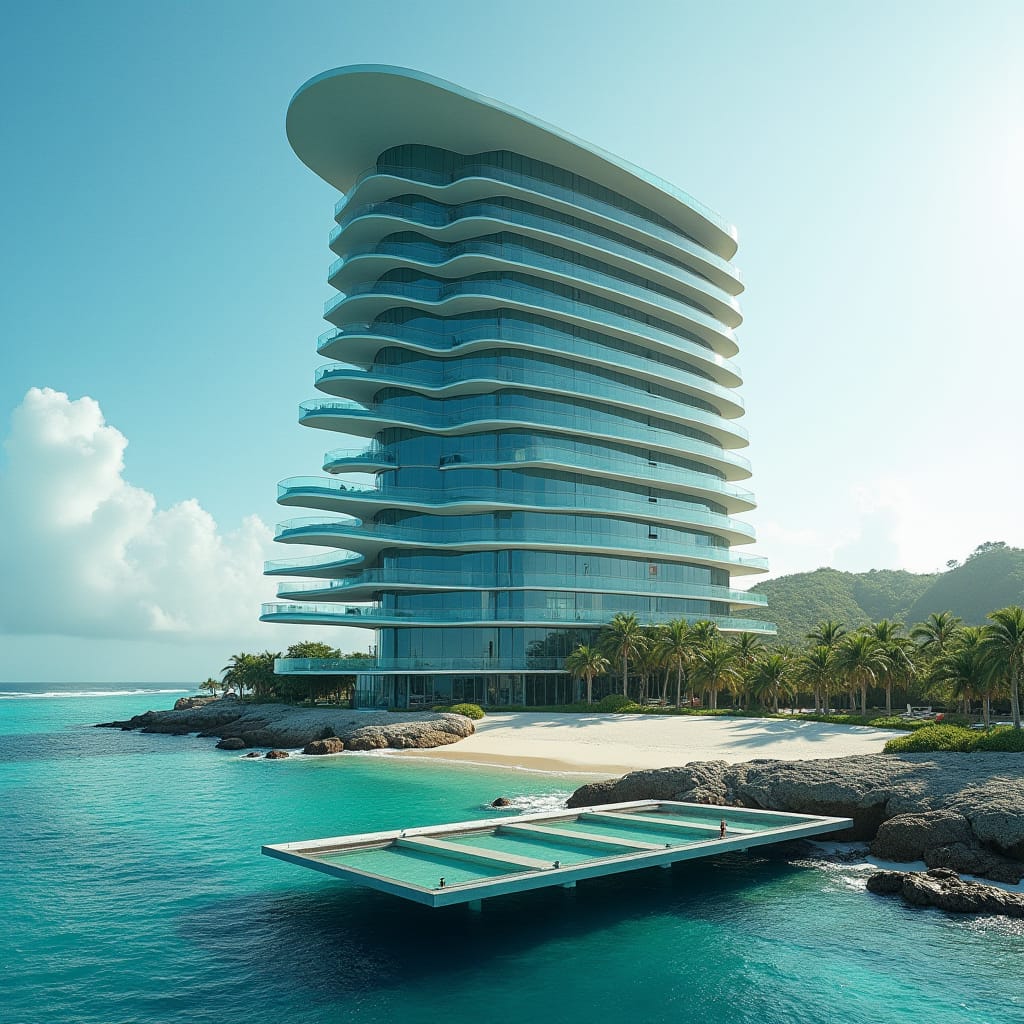  A sleek, modern 20-story glass hotel stands prominently on  Caribbean beechline, its  Protruding windows, multiple swimming suspending above ground and on the ground merging into sea.  platforms create a dynamic, futuristic aesthetic, evoking a sense of tropical modernity.  