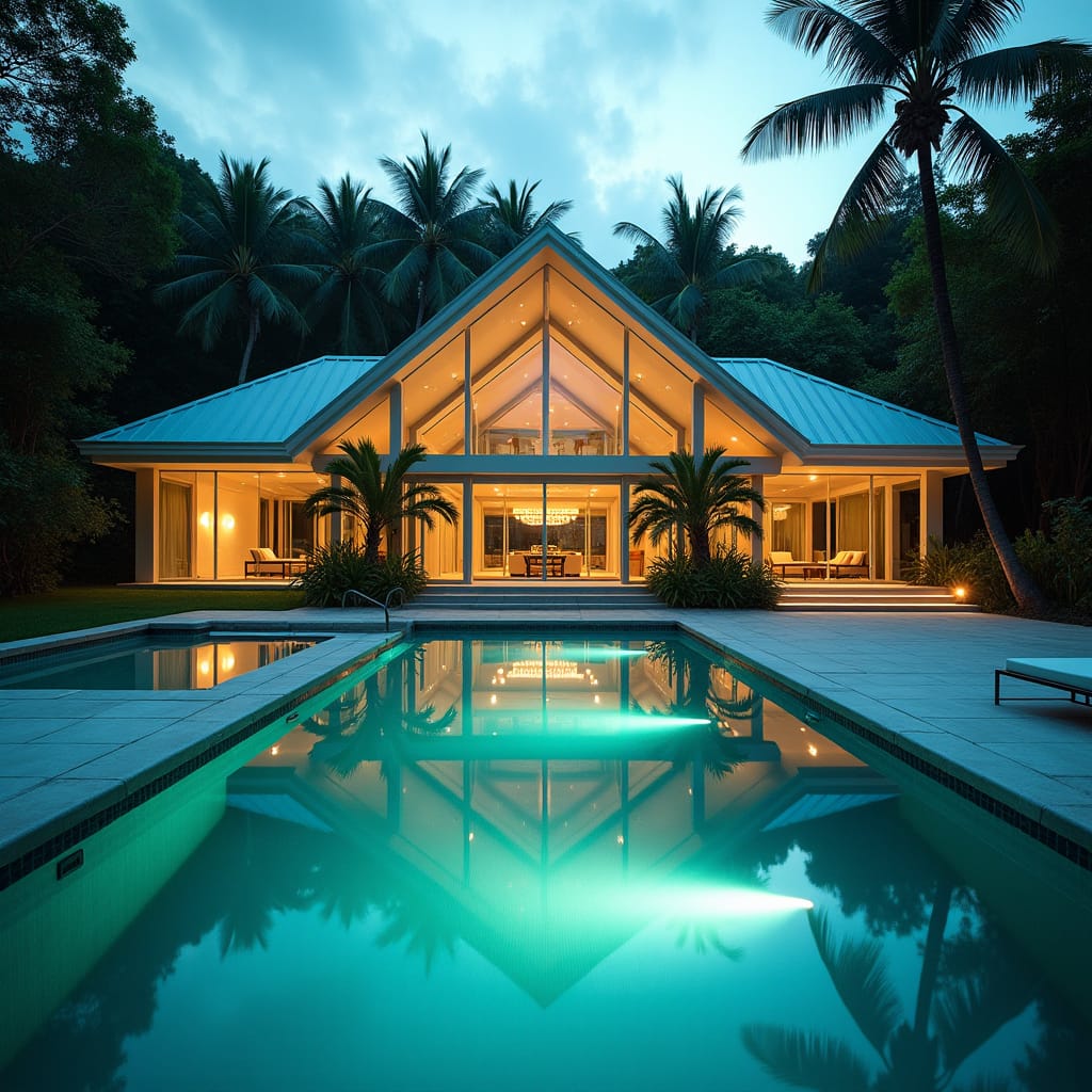 A sleek, modern Jamaican glass home with four luxurious swimming pools, set amidst lush tropical surroundings