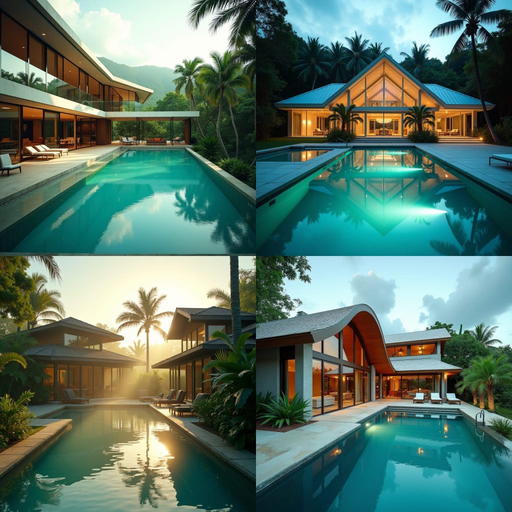 A sleek, modern Jamaican glass home with four luxurious swimming pools, set amidst lush tropical surroundings