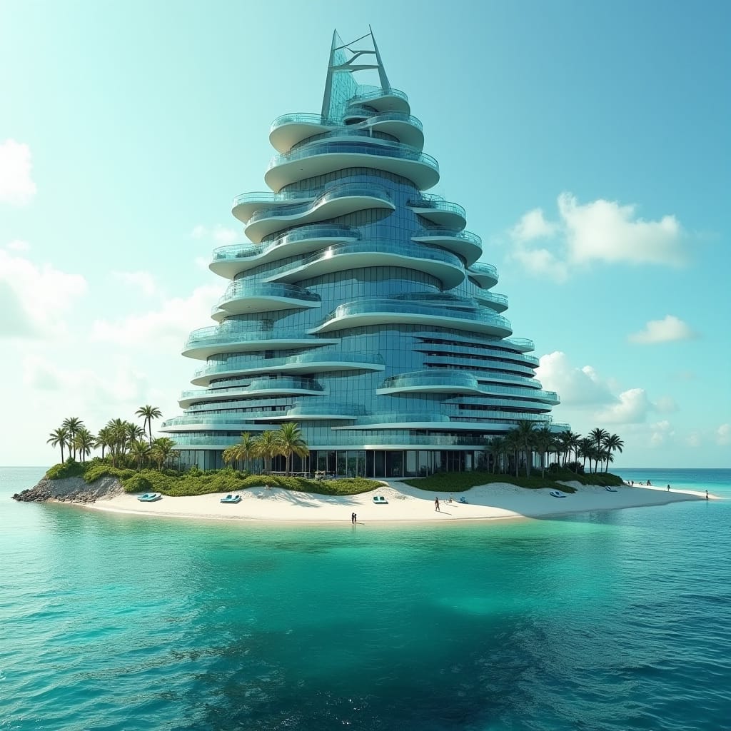 A sleek, pyramid modern 20-story glass hotel stands prominently on Caribbean beechline, its Protruding windows, multiple swimming suspending above ground and on the ground merging into sea. platforms
