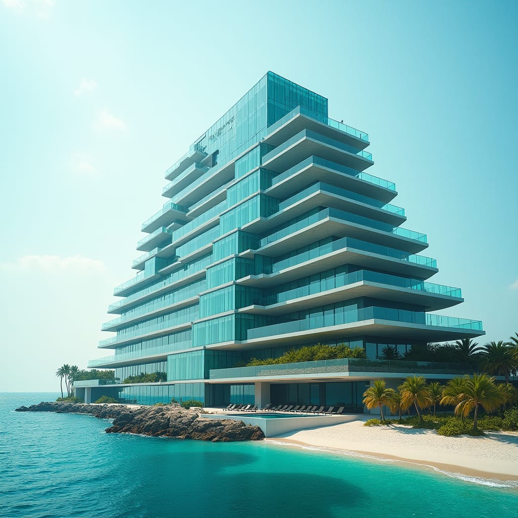 A sleek, pyramid modern 20-story glass hotel stands prominently on Caribbean beechline, its Protruding windows, multiple swimming suspending above ground and on the ground merging into sea. platforms