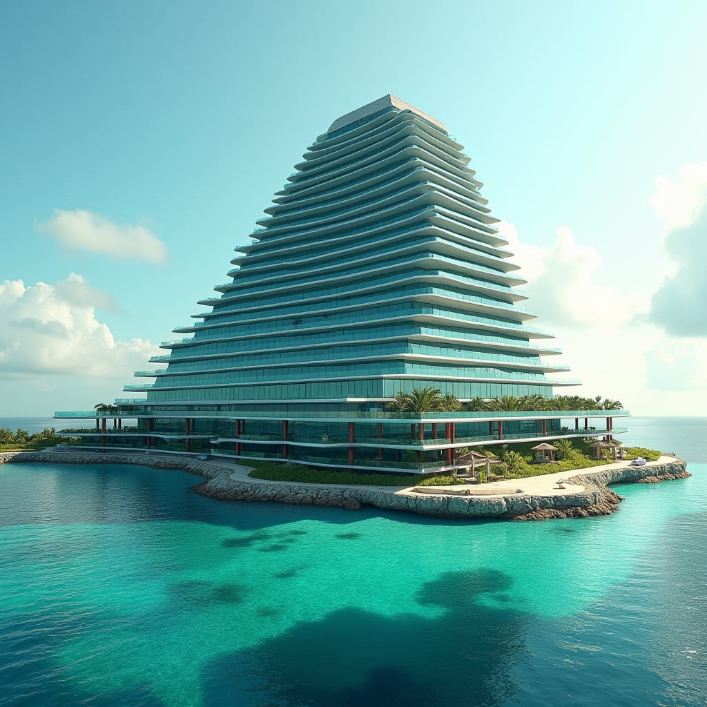 A sleek, pyramid modern 20-story glass hotel stands prominently on Caribbean beechline, its Protruding windows, multiple swimming suspending above ground and on the ground merging into sea. platforms