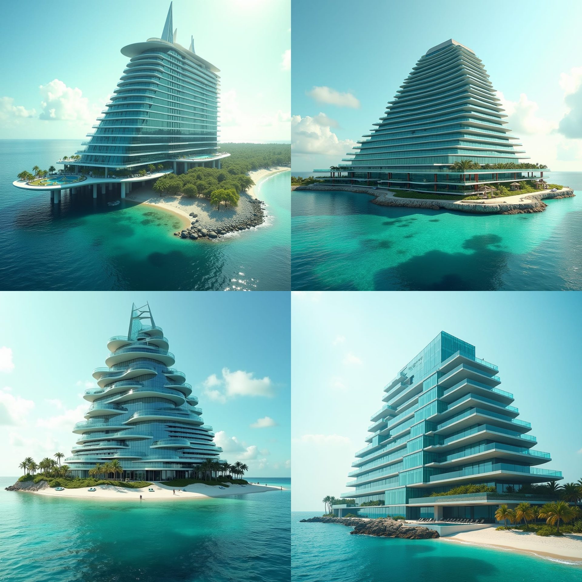 A sleek, pyramid modern 20-story glass hotel stands prominently on Caribbean beechline, its Protruding windows, multiple swimming suspending above ground and on the ground merging into sea. platforms