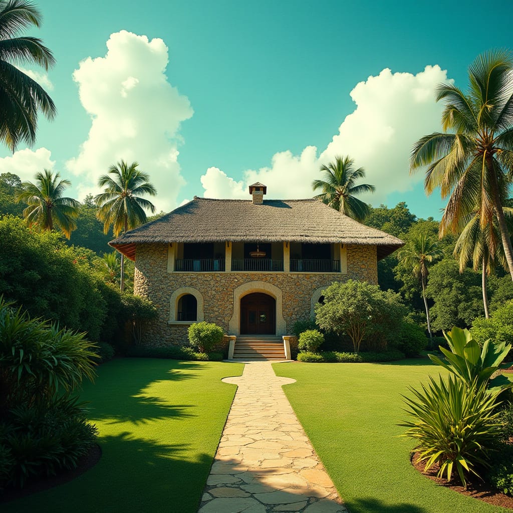 Elegant Jamaican estate with a traditional thatched roof, surrounded by lush tropical greenery, set against a vibrant turquoise sky with puffy white clouds, warm sunlight casting a golden glow, long shadows stretching across the property's rustic stone walls and manicured lawns, evoking a sense of serene luxury.
