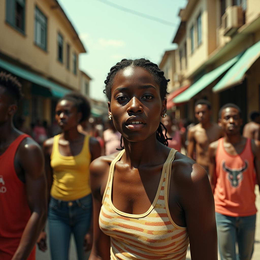 Gully Ghetto streets filled with vibrant beautiful black Jamaican people, going about their daily lives, richly textured clothing, expressive faces, warm sunlit skin tones, immersive cinematic atmosphere