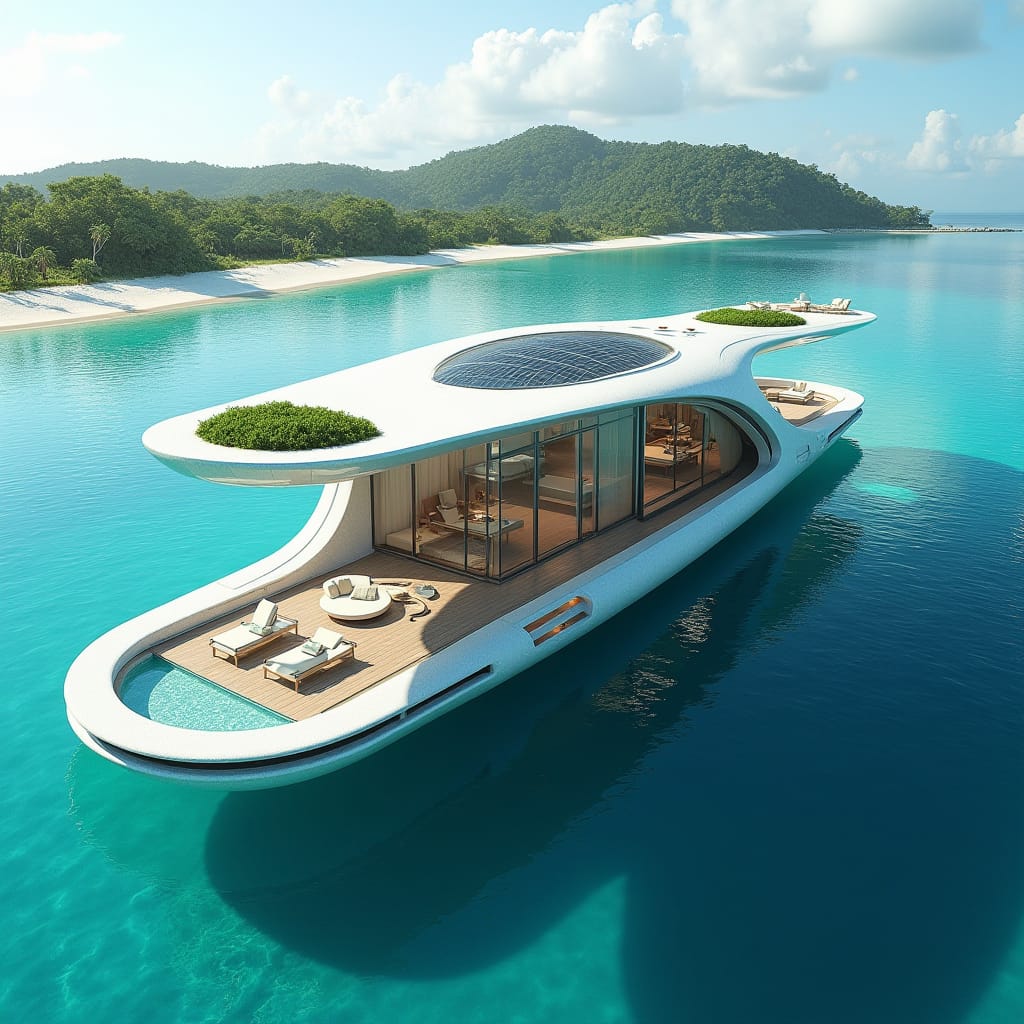 Imagine a futuristic short-term rental on a secluded Jamaican beach, blending luxury with cutting-edge design. The structure is an otherworldly floating villa, anchored just off the pristine shoreline, designed to resemble a sleek, modern ship. Its flowing, curved architecture mirrors the ocean waves, while glass walls provide panoramic views of the turquoise sea. The roof is lined with solar panels and features a green terrace, blending nature with high-tech elegance. Inside, spacious, open-plan living areas with minimalist, modern décor flow seamlessly into outdoor spaces. Suspended infinity pools overlook the ocean, and underwater rooms offer a glimpse into marine life, creating a truly immersive island experience.