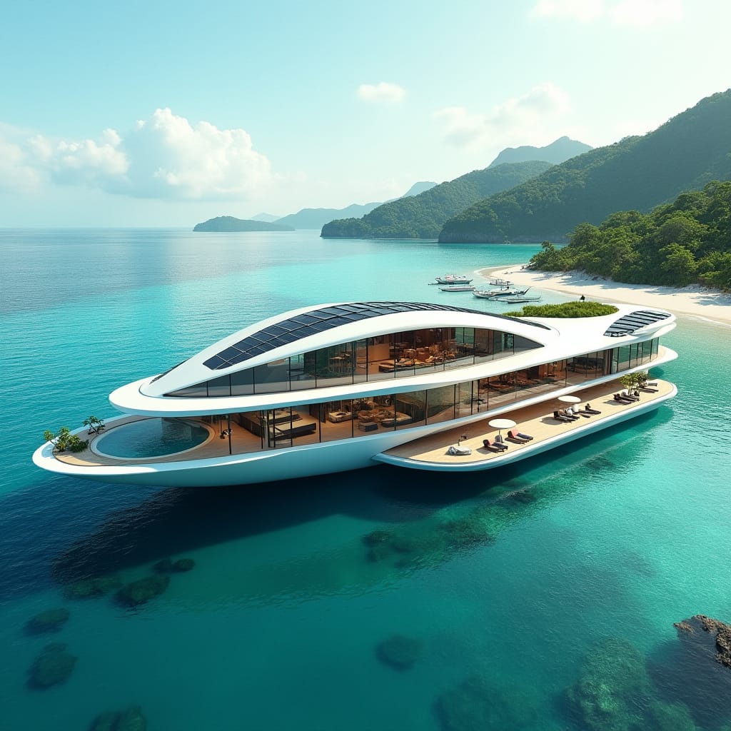 Imagine a futuristic short-term rental on a secluded Jamaican beach, blending luxury with cutting-edge design. The structure is an otherworldly floating villa, anchored just off the pristine shoreline, designed to resemble a sleek, modern ship. Its flowing, curved architecture mirrors the ocean waves, while glass walls provide panoramic views of the turquoise sea. The roof is lined with solar panels and features a green terrace, blending nature with high-tech elegance. Inside, spacious, open-plan living areas with minimalist, modern décor flow seamlessly into outdoor spaces. Suspended infinity pools overlook the ocean, and underwater rooms offer a glimpse into marine life, creating a truly immersive island experience.