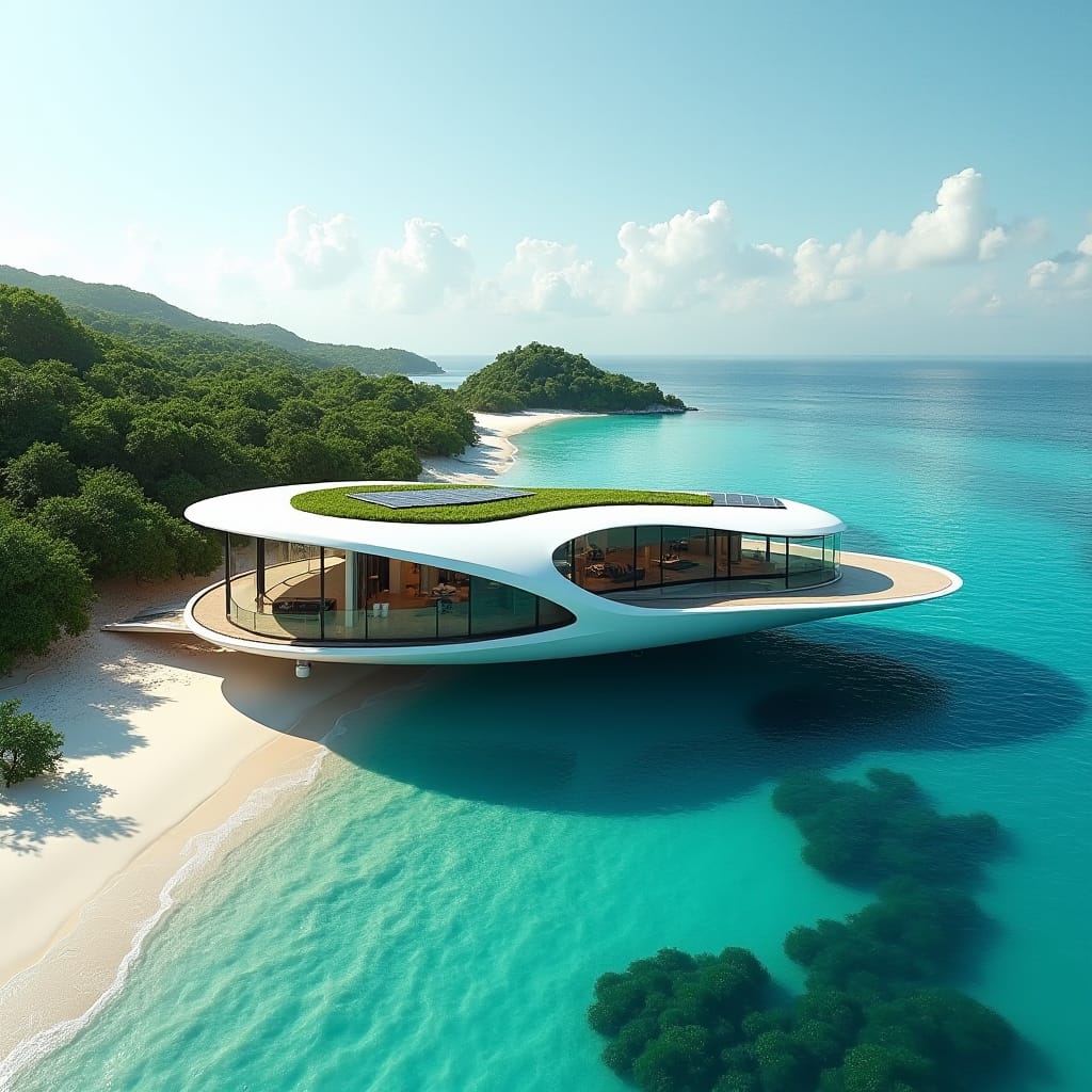 Imagine a futuristic short-term rental on a secluded Jamaican beach, blending luxury with cutting-edge design. The structure is an otherworldly floating villa, anchored just off the pristine shoreline, designed to resemble a sleek, modern ship. Its flowing, curved architecture mirrors the ocean waves, while glass walls provide panoramic views of the turquoise sea. The roof is lined with solar panels and features a green terrace, blending nature with high-tech elegance. Inside, spacious, open-plan living areas with minimalist, modern décor flow seamlessly into outdoor spaces. Suspended infinity pools overlook the ocean, and underwater rooms offer a glimpse into marine life, creating a truly immersive island experience.
