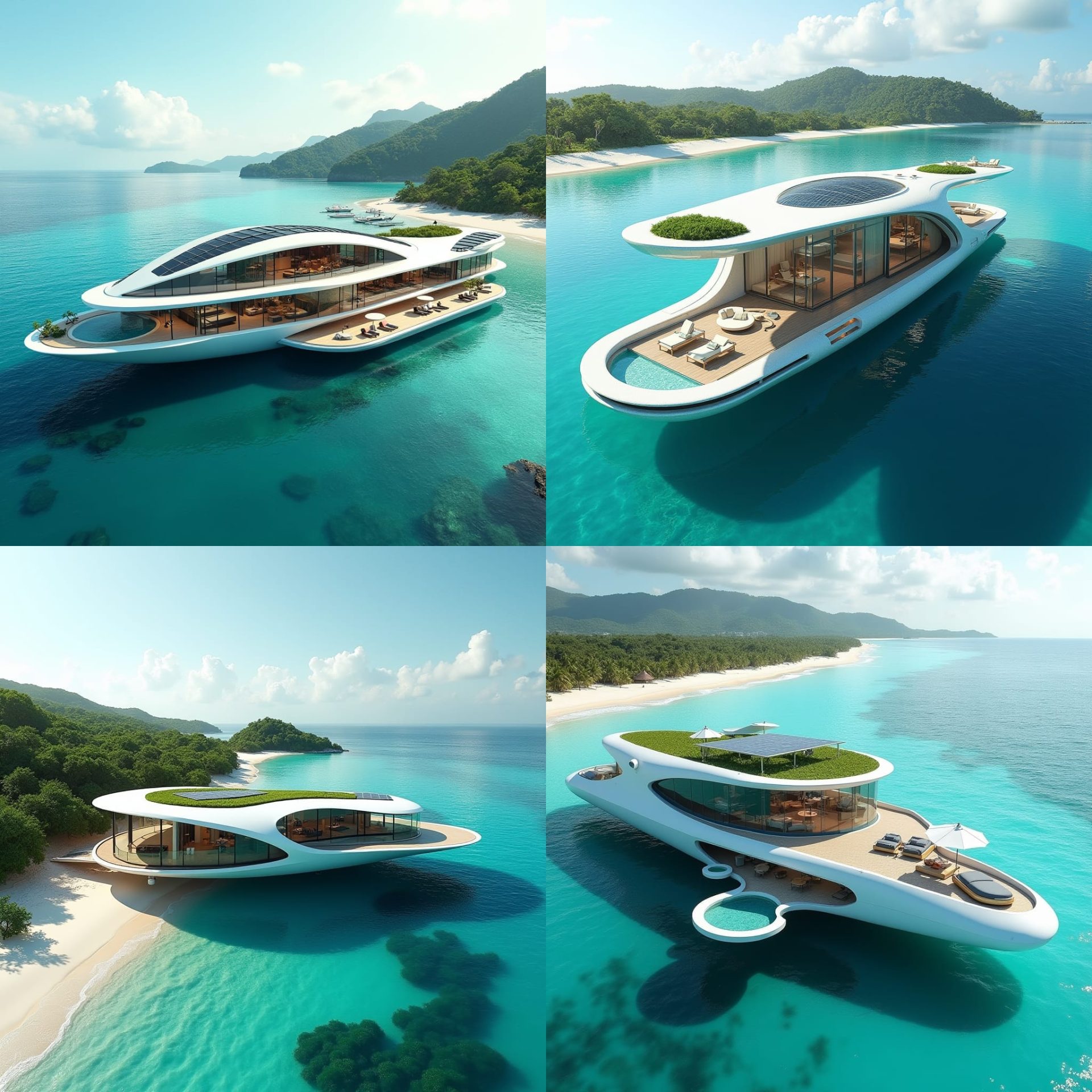 Imagine a futuristic short-term rental on a secluded Jamaican beach, blending luxury with cutting-edge design. The structure is an otherworldly floating villa, anchored just off the pristine shoreline, designed to resemble a sleek, modern ship. Its flowing, curved architecture mirrors the ocean waves, while glass walls provide panoramic views of the turquoise sea. The roof is lined with solar panels and features a green terrace, blending nature with high-tech elegance. Inside, spacious, open-plan living areas with minimalist, modern décor flow seamlessly into outdoor spaces. Suspended infinity pools overlook the ocean, and underwater rooms offer a glimpse into marine life, creating a truly immersive island experience.