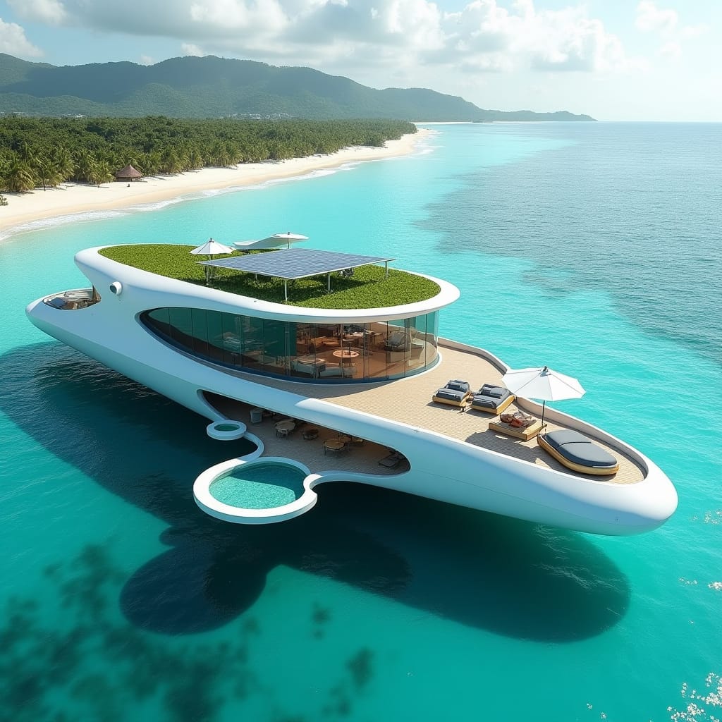 Imagine a futuristic short-term rental on a secluded Jamaican beach, blending luxury with cutting-edge design. The structure is an otherworldly floating villa, anchored just off the pristine shoreline, designed to resemble a sleek, modern ship. Its flowing, curved architecture mirrors the ocean waves, while glass walls provide panoramic views of the turquoise sea. The roof is lined with solar panels and features a green terrace, blending nature with high-tech elegance. Inside, spacious, open-plan living areas with minimalist, modern décor flow seamlessly into outdoor spaces. Suspended infinity pools overlook the ocean, and underwater rooms offer a glimpse into marine life, creating a truly immersive island experience.