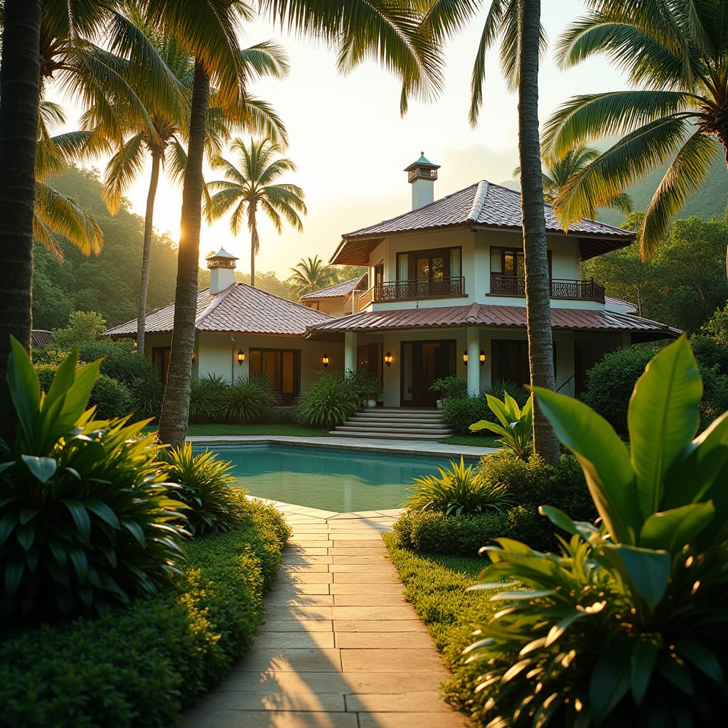 Lush Jamaican estate with a Combination Roof, surrounded by swaying palm trees and vibrant tropical foliage, warm golden light casting long shadows across the property's elegant facade