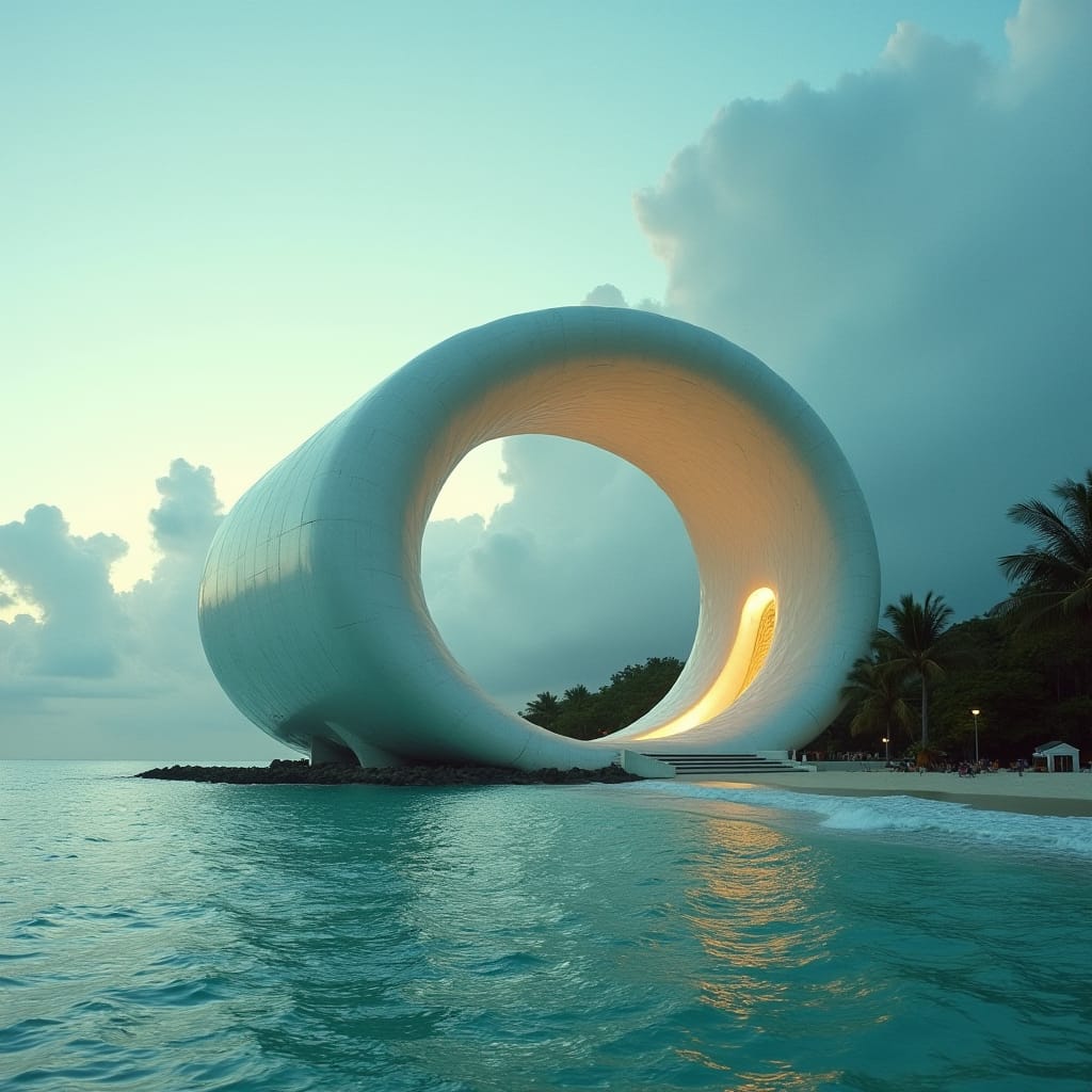 Massive, torus-shaped modern building on beach in jamaica