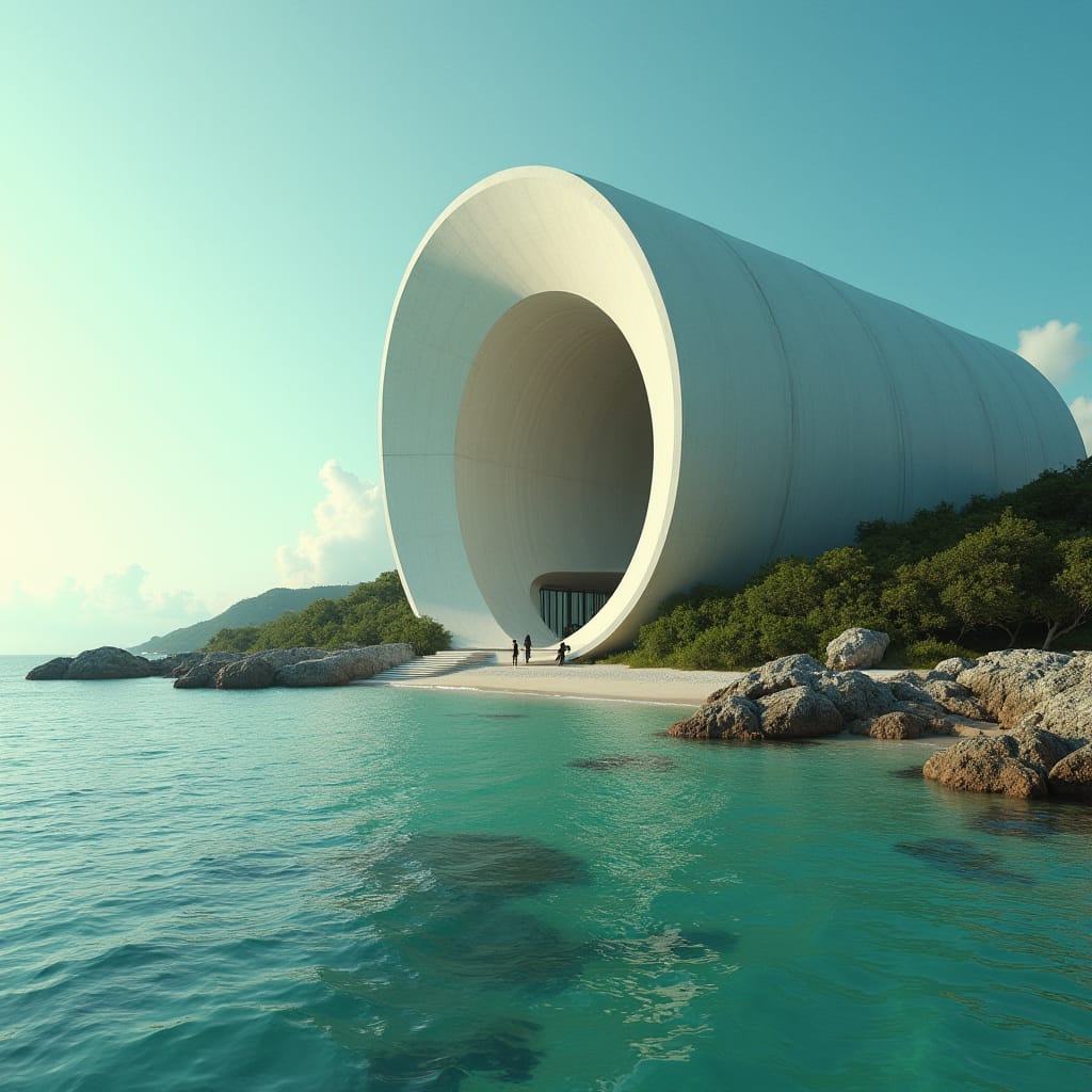 Massive, torus-shaped modern building on beach in jamaica
