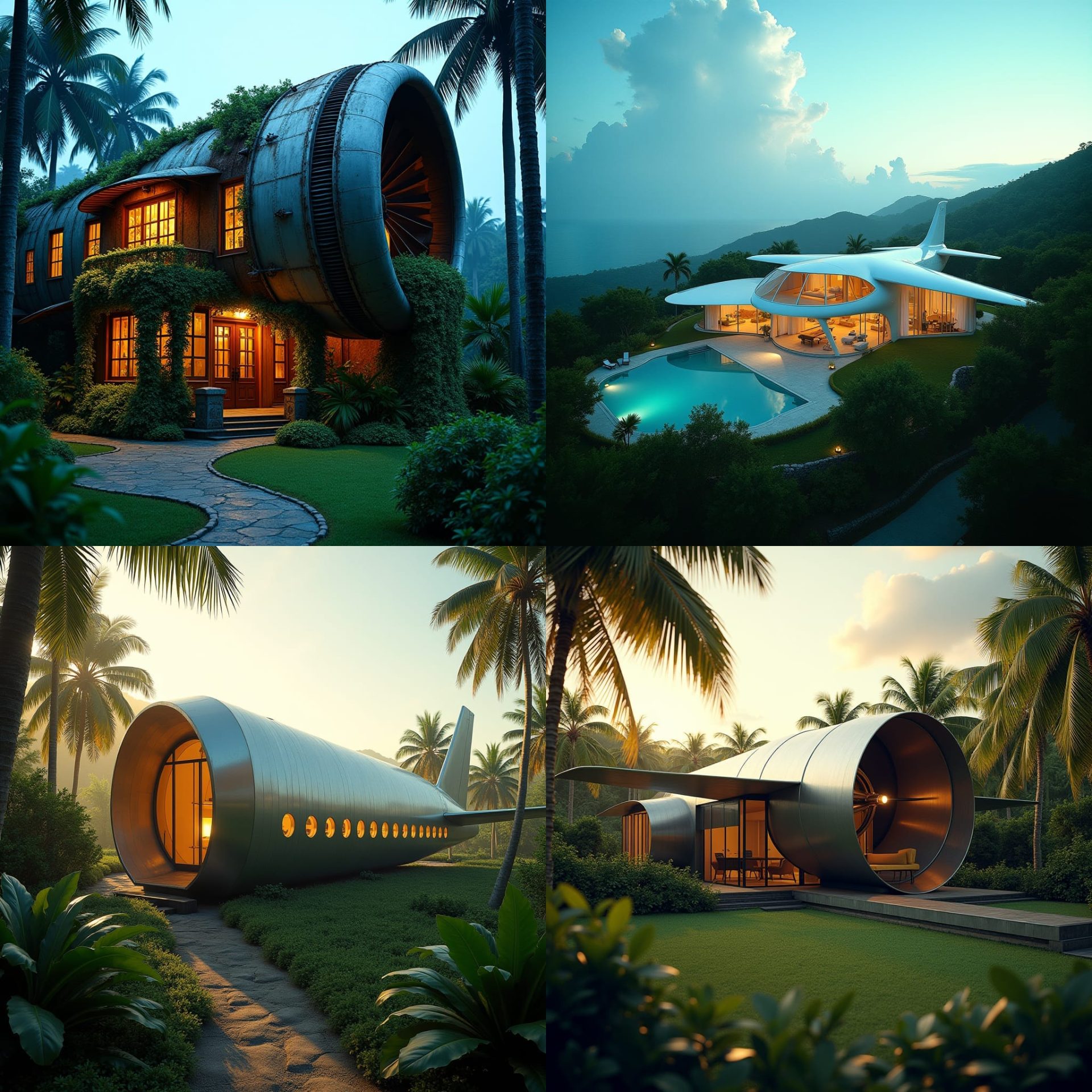 Modern Jamaican home with rustic wooden accents and vibrant island colors, shaped like a massive airplane engine, with propellers transformed into spinning wind turbines, set against a lush, misty mountain backdrop.