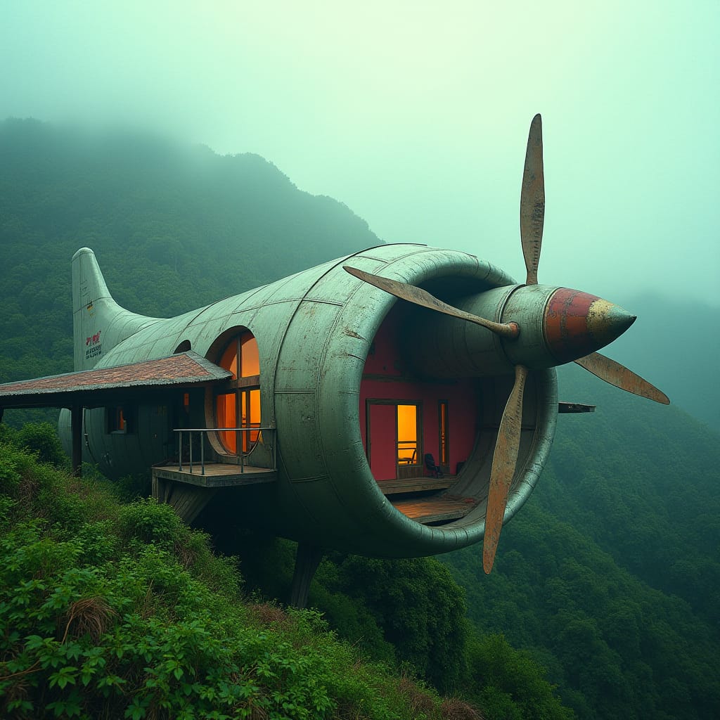 Modern Jamaican home with rustic wooden accents and vibrant island colors, shaped like a massive airplane engine, with propellers transformed into spinning wind turbines, set against a lush, misty mountain backdrop.