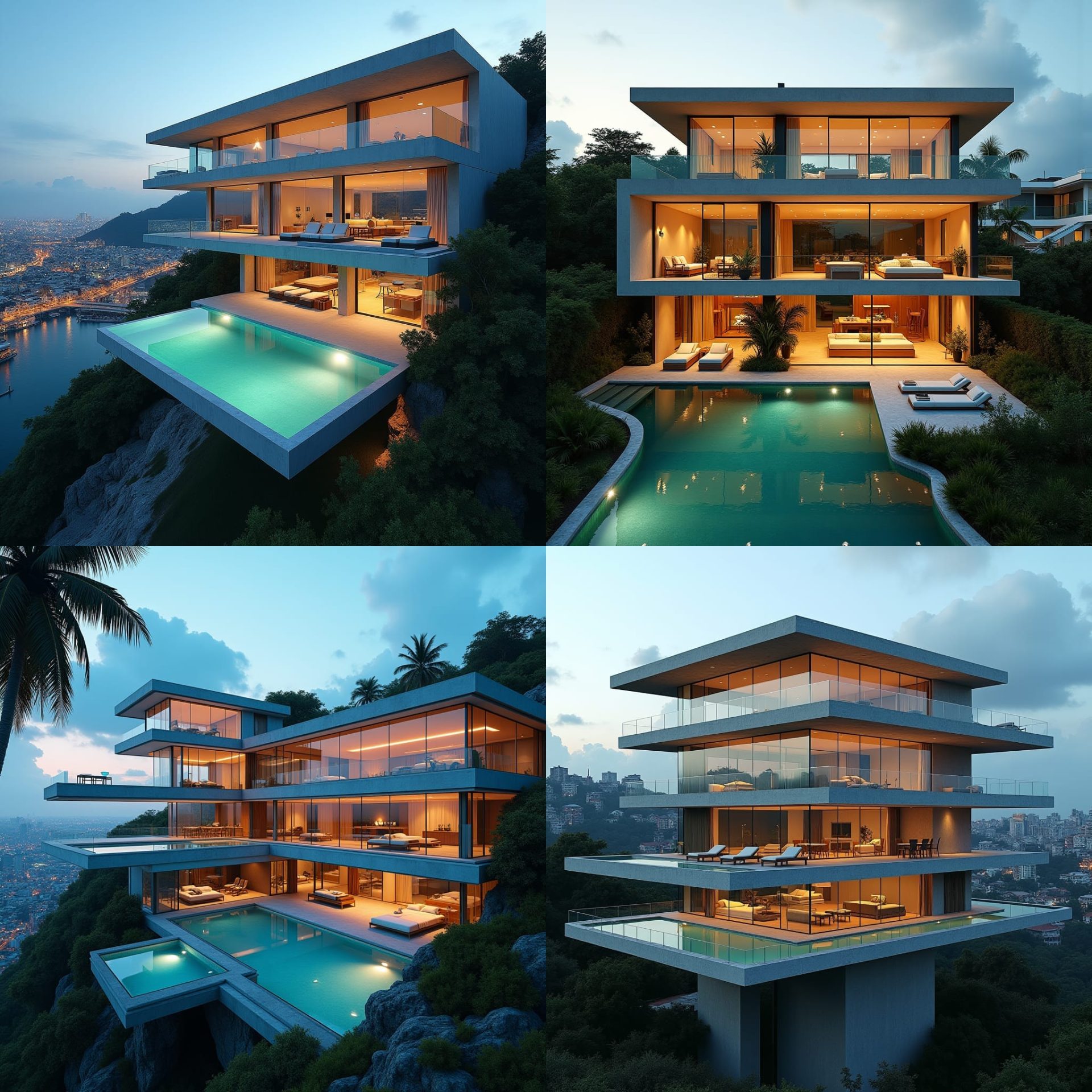 Ultra-modern, 4-story, 10-bedroom Jamaican mansion with sleek glass faÃ§ade, expansive windows, and cantilevered concrete platforms, set amidst the bustling cityscape, featuring crystal-clear glass pools that appear to float in mid-air. 