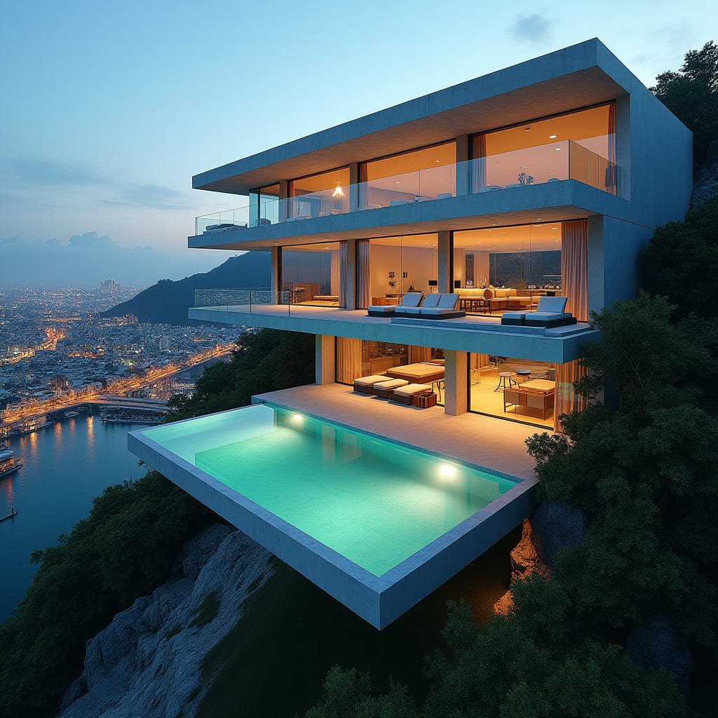 Ultra-modern, 4-story, 10-bedroom Jamaican mansion with sleek glass faÃ§ade, expansive windows, and cantilevered concrete platforms, set amidst the bustling cityscape, featuring crystal-clear glass pools that appear to float in mid-air. 