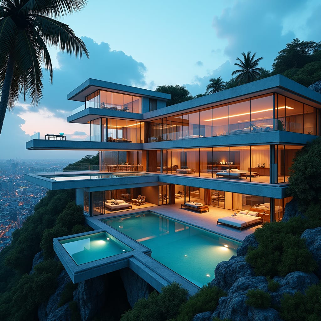 Ultra-modern, 4-story, 10-bedroom Jamaican mansion with sleek glass faÃ§ade, expansive windows, and cantilevered concrete platforms, set amidst the bustling cityscape, featuring crystal-clear glass pools that appear to float in mid-air. 