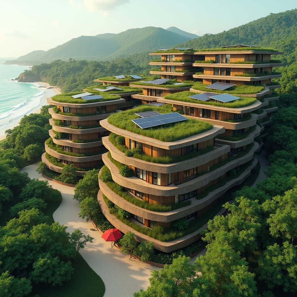 A modern green, sustainable circular complex in Jamaica, designed with natural wood exteriors, is topped with a living green roof to blend with the environment. Solar panels line the roof to harness renewable energy, and water harvesting systems ensure efficient use of natural resources. The circular design allows ample natural light through large glass windows, enhancing energy efficiency while providing panoramic views. Below the residential floors, commercial spaces with shops add convenience and vibrancy to the structure, making it a hub for both locals and tourists. Situated near the beach, this eco-friendly development harmonizes luxury and sustainability with nature.
