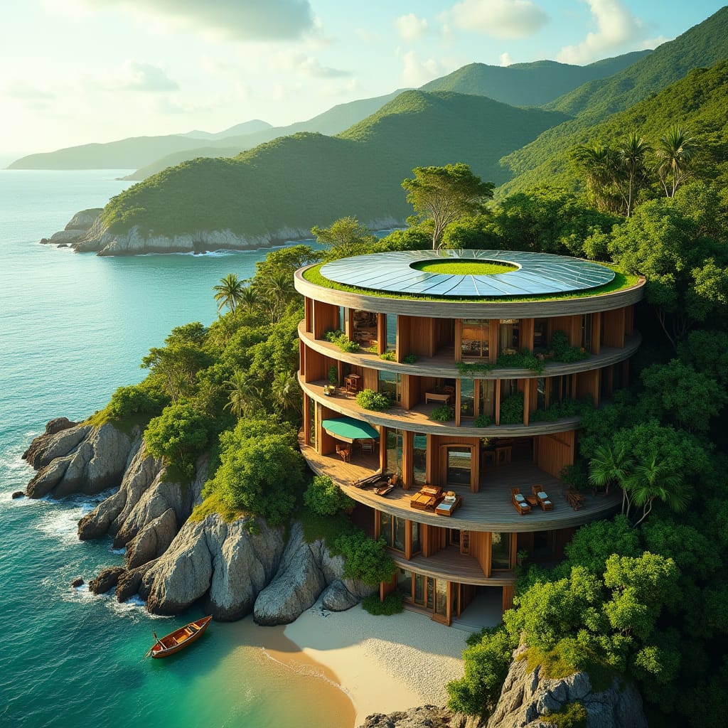 A modern green, sustainable circular complex in Jamaica, designed with natural wood exteriors, is topped with a living green roof to blend with the environment. Solar panels line the roof to harness renewable energy, and water harvesting systems ensure efficient use of natural resources. The circular design allows ample natural light through large glass windows, enhancing energy efficiency while providing panoramic views. Below the residential floors, commercial spaces with shops add convenience and vibrancy to the structure, making it a hub for both locals and tourists. Situated near the beach, this eco-friendly development harmonizes luxury and sustainability with nature.