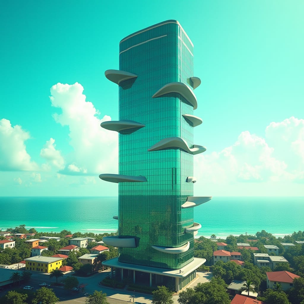 modern round glass 10 story commerical tower in jamaica, with protuding windows and platforms, caribbean