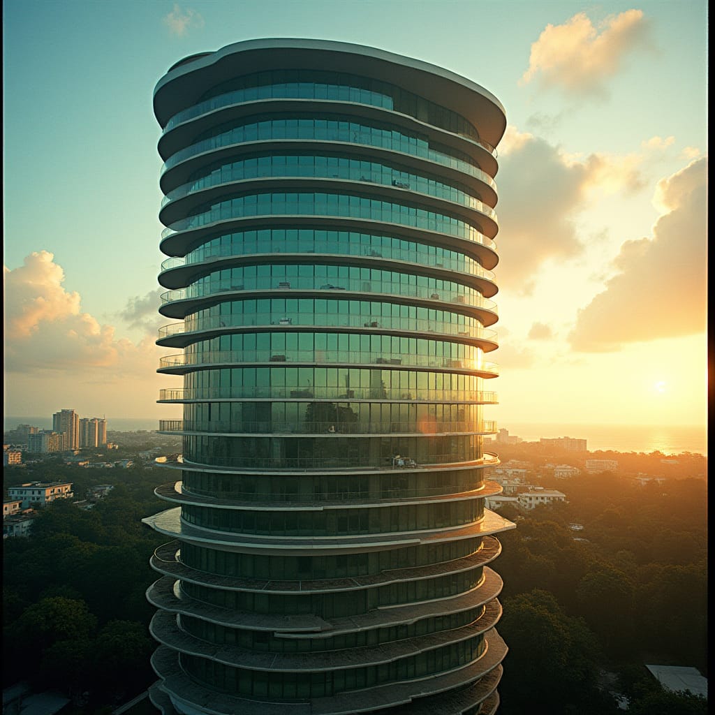 modern round glass 10 story commerical tower in jamaica, with protuding windows and platforms, caribbean