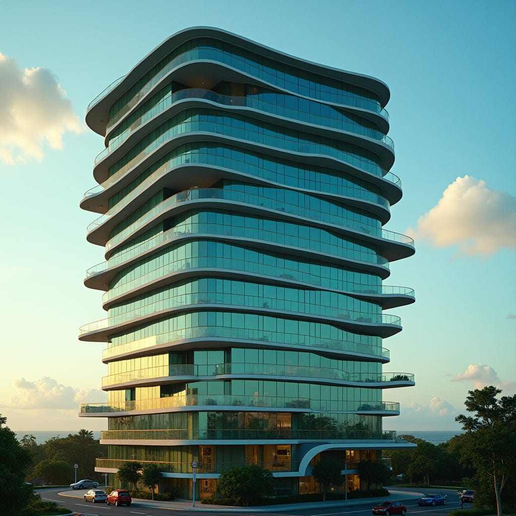 modern round glass 10 story commerical tower in jamaica, with protuding windows and platforms, caribbean