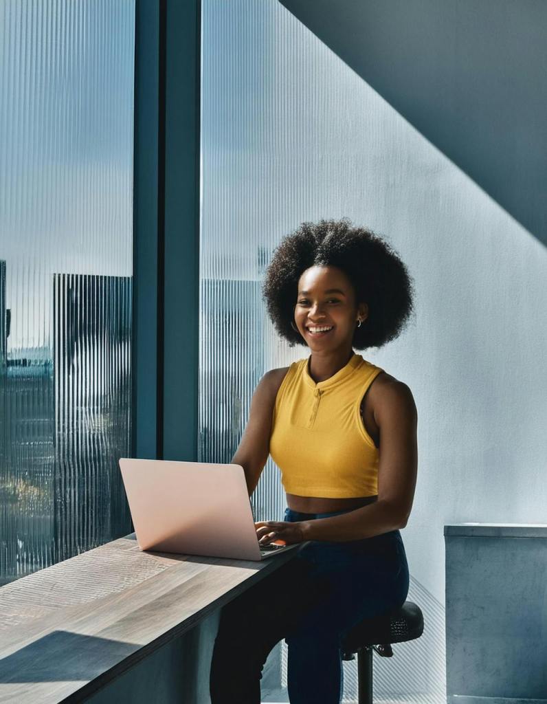 young woman working on laptop in modern office