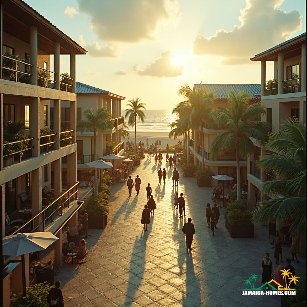 A majestic, sun-kissed mixed-use development in Jamaica, nestled between lush coastline and vibrant urban centers, showcasing harmonious fusion of residential, commercial, and recreational spaces. Cinematic film still, captured on a VRaptor XL camera, with deliberate film grain, subtle vignette, and meticulous color grading, evoking a sense of nostalgia and grandeur. Warm, golden light spills across the scene, accentuating the integration of living, shopping, dining, and working spaces, as people from all walks of life converge, creating a thriving community. Inspired by the atmospheric, cinematic styles of Emmanuel Lubezki and Roger Deakins, with a hint of Terrence Malick's poetic realism, this masterpiece embodies the essence of epic, dramatic storytelling, inviting the viewer to step into a world of breathtaking beauty and sophistication.