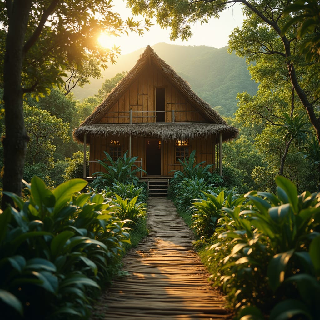 A serene Jamaican bamboo home nestled in a lush tropical landscape, warm golden light casting a serene ambiance